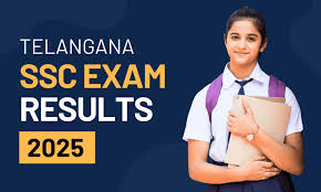 A smiling student holding a book and wearing a school uniform stands against a blue background. The text above reads "Telangana SSC Exam Results 2025."