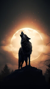 A silhouette of a dire wolf howls toward a glowing full moon, surrounded by embers and shadowy forests, symbolizing the intersection of myth and modern de-extinction science.