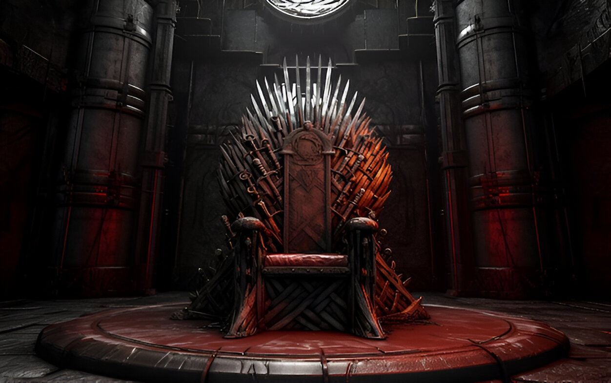 The Iron Throne from Game of Thrones , forged from swords, sits atop a circular dais in a dimly lit hall with red lighting, symbolizing power and legacy.