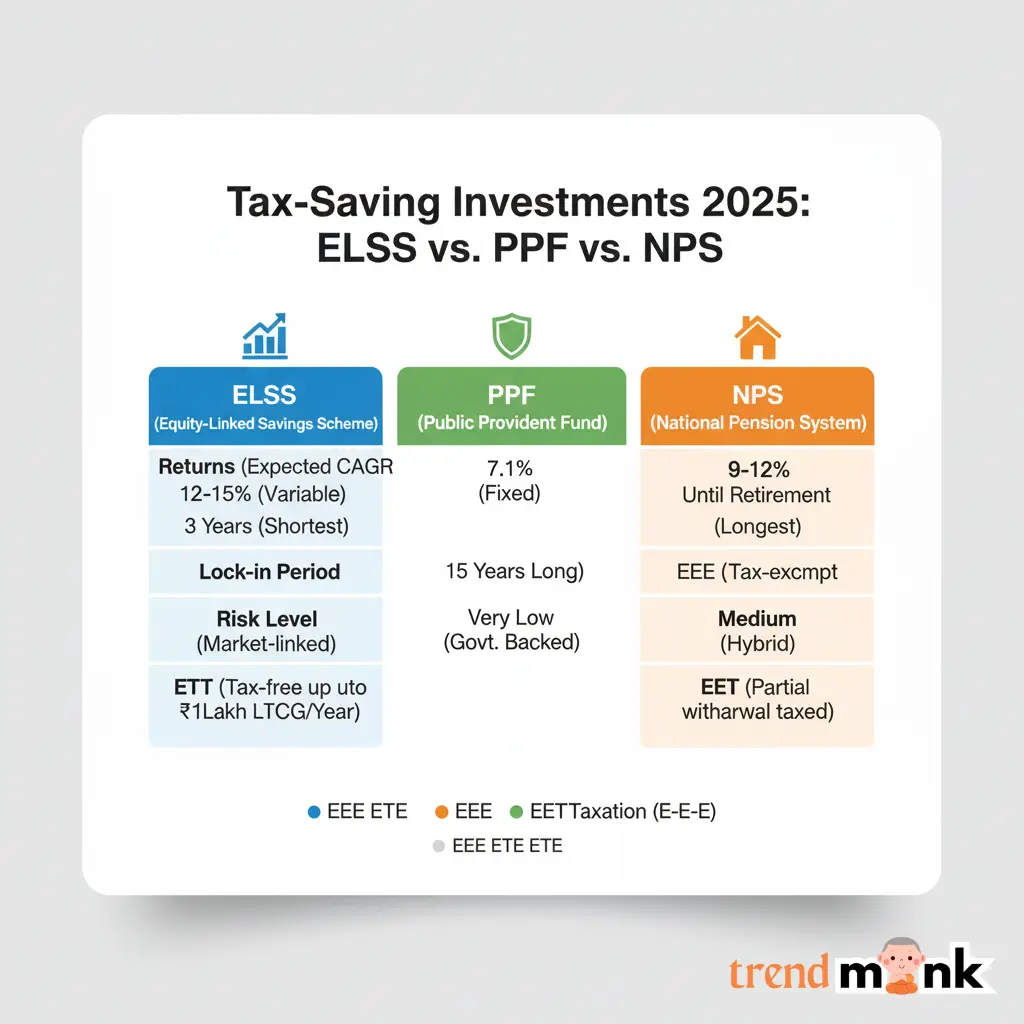 A comparison chart showing the differences between ELSS, PPF, and NPS based on returns, lock-in period, risk, and taxation for 2025.